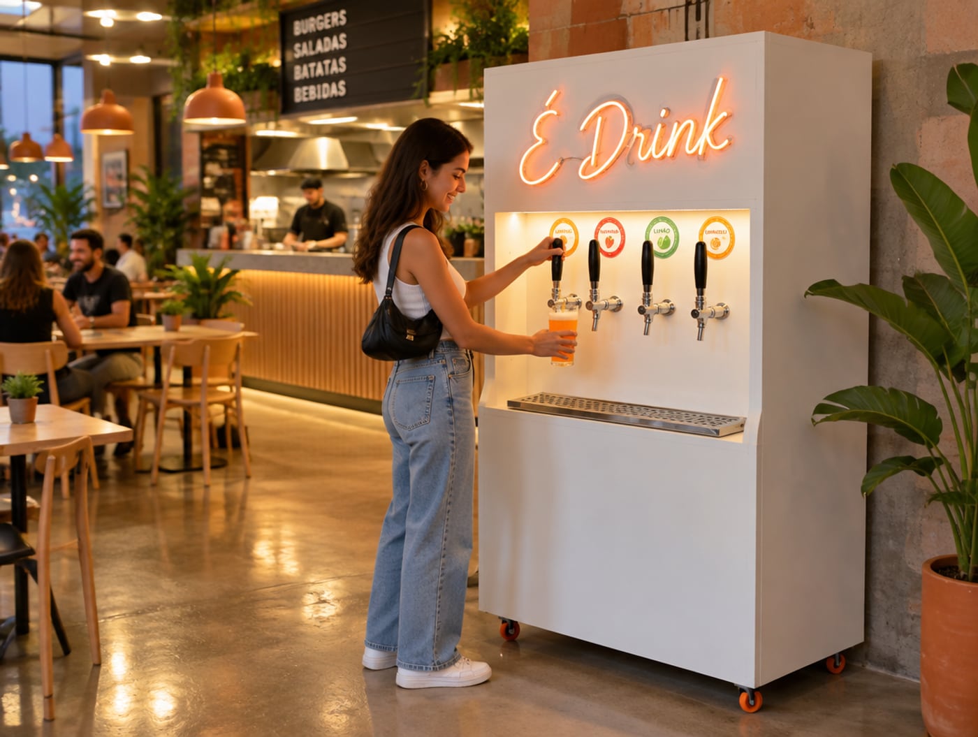 Cliente se servindo de um drink no totem E-Drink branco em um restaurante