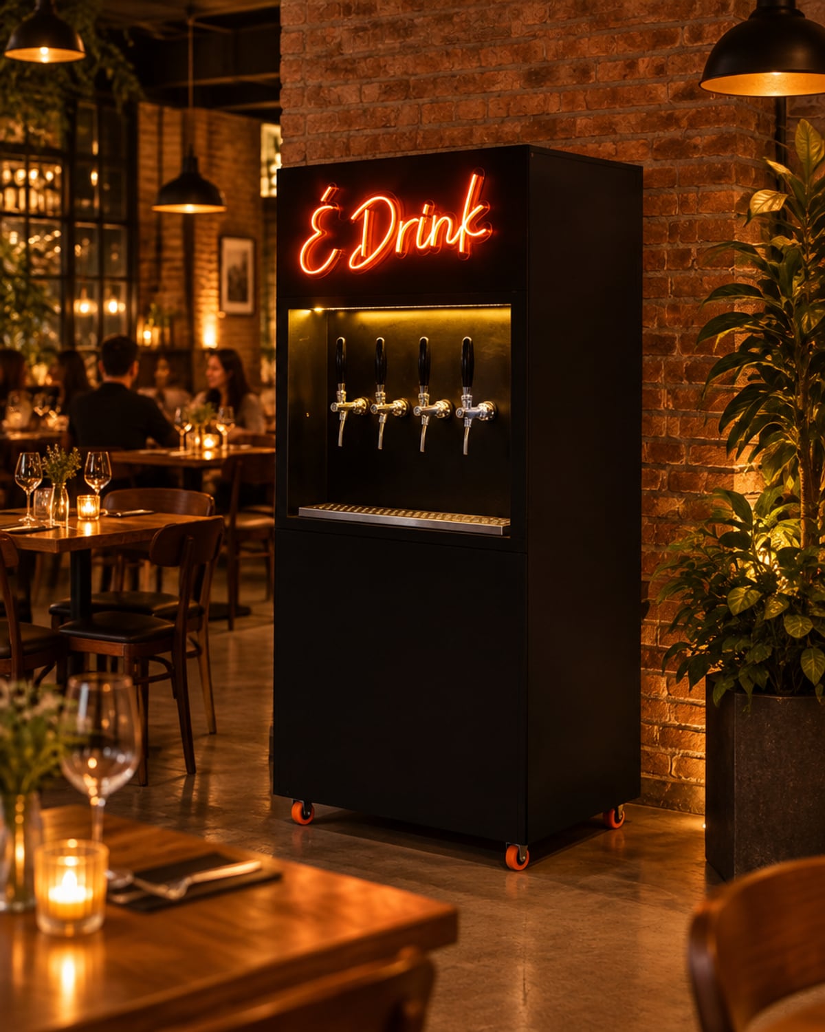 Totem E-Drink preto com neon aceso no salão de um restaurante